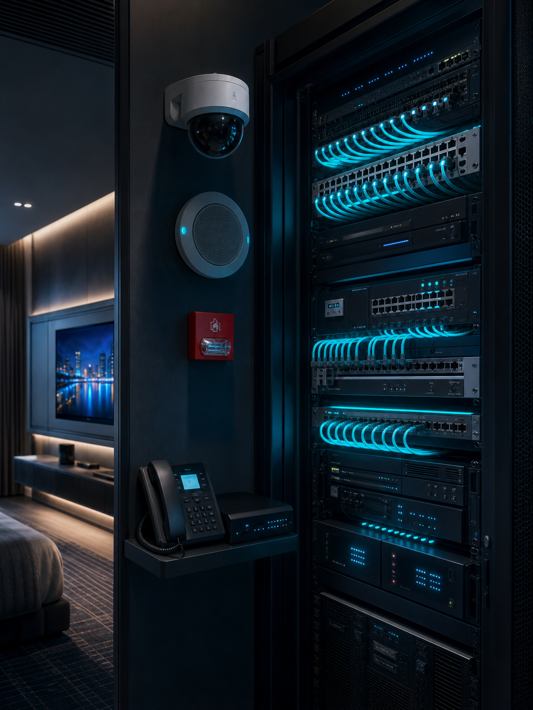 Otel zayıf akım sistemleri: network kabini, güvenlik kamerası, yangın alarmı ve anons sistemi